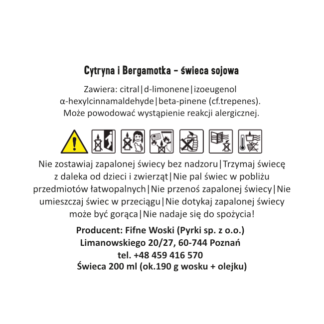 Fifne Woski CYTRYNA I BERGAMOTKA świeca sojowa 200 ml