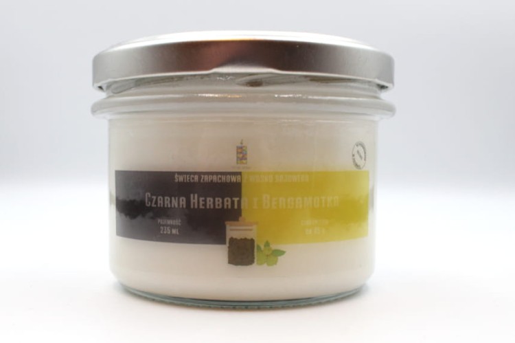 CZARNA HERBATA I BERGAMOTKA – Duża świeca sojowa w słoiku