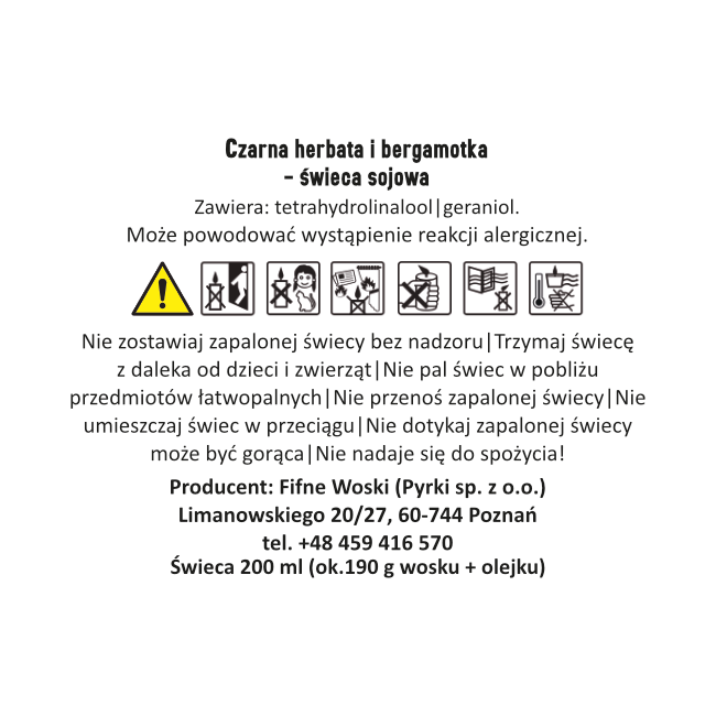 Fifne Woski CZARNA HERBATA I BERGAMOTKA - świeca sojowa 200 ml