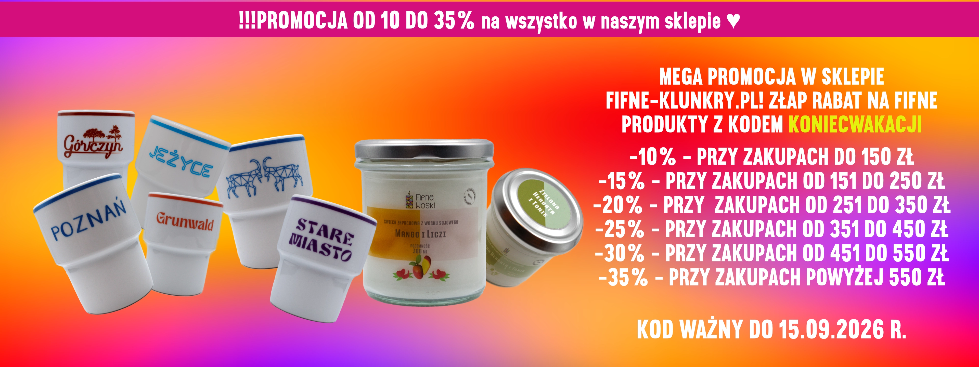 baner promocyjny opisujeący promocję  z kodem KONIECWAKACJI oraz kwotami zakupów dla poszczególnych  progów rabatowych