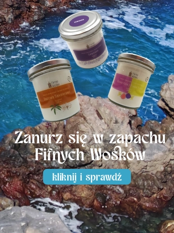 obrazek przedstawia świeczki marki fifne woski na tle morskich fal - całość opatrzona hasłem zanurz się w zapachu Fifnych Wosków
